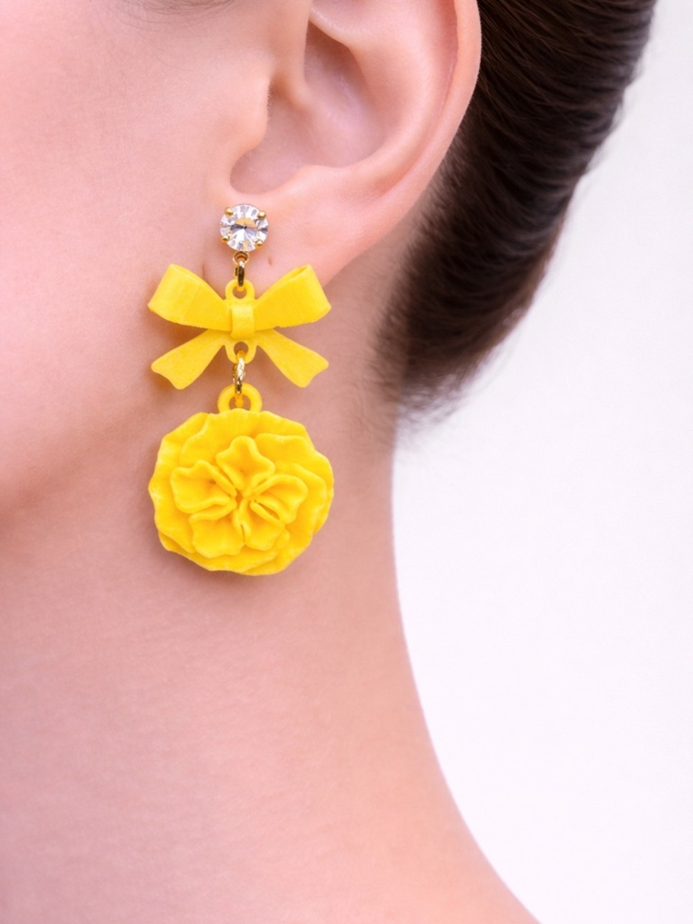 Bright Yellow Bow & Flower Earrings | Sunshine Floral Dangles Earrings - Picture 2 of 4
